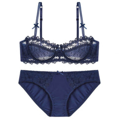 Trimmed Floral Embroidered Double Strap Bra Panty Set 80D / Blue