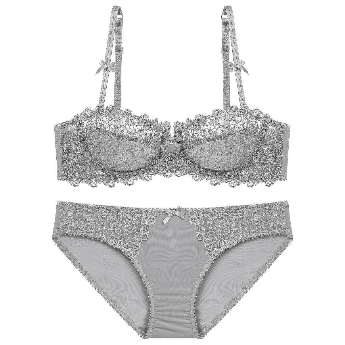 Trimmed Floral Embroidered Double Strap Bra Panty Set 80D / Gray