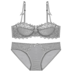 Trimmed Floral Embroidered Double Strap Bra Panty Set 80D / Gray