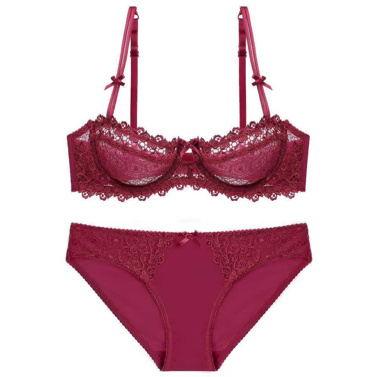 Trimmed Floral Embroidered Double Strap Bra Panty Set 80D / Maroon