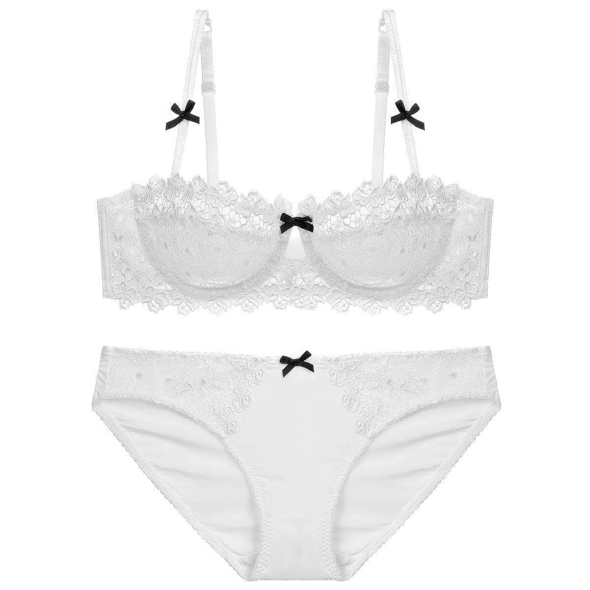 Trimmed Floral Embroidered Double Strap Bra Panty Set 80D / White