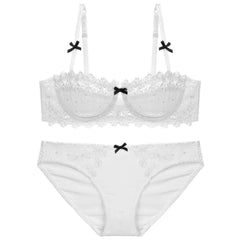 Trimmed Floral Embroidered Double Strap Bra Panty Set 80D / White