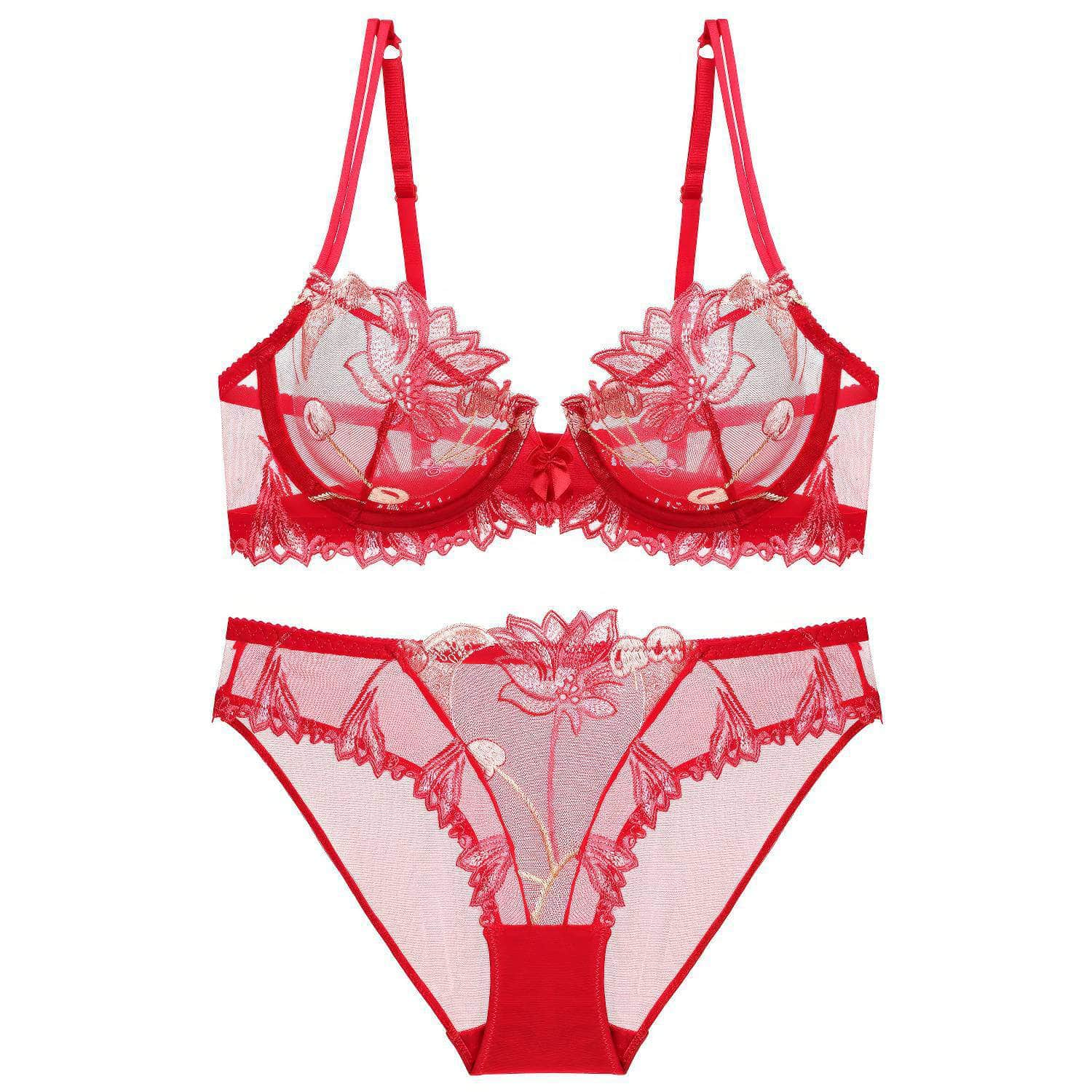 Trimmed Lace Cherry Double Strap Bra Panty Set 80C / Red