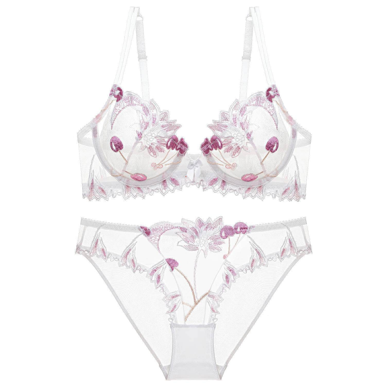 Trimmed Lace Cherry Double Strap Bra Panty Set 70A / White