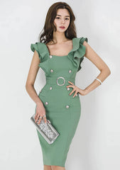 Trimmed Ruffled Sleeves Buttoned Slimfit Dress