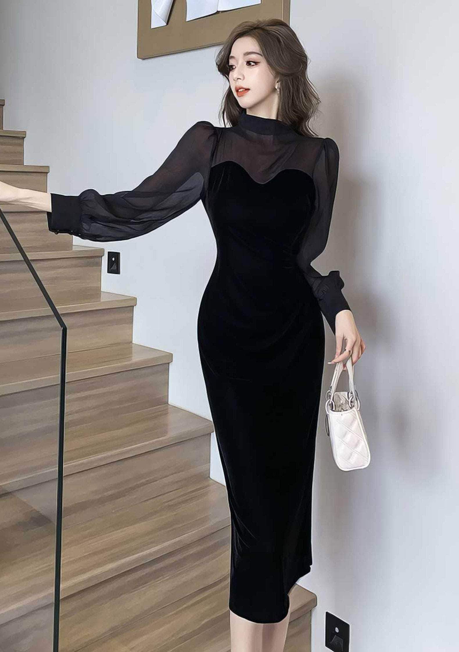 Turtleneck Mesh Paneled Cocktail Dress