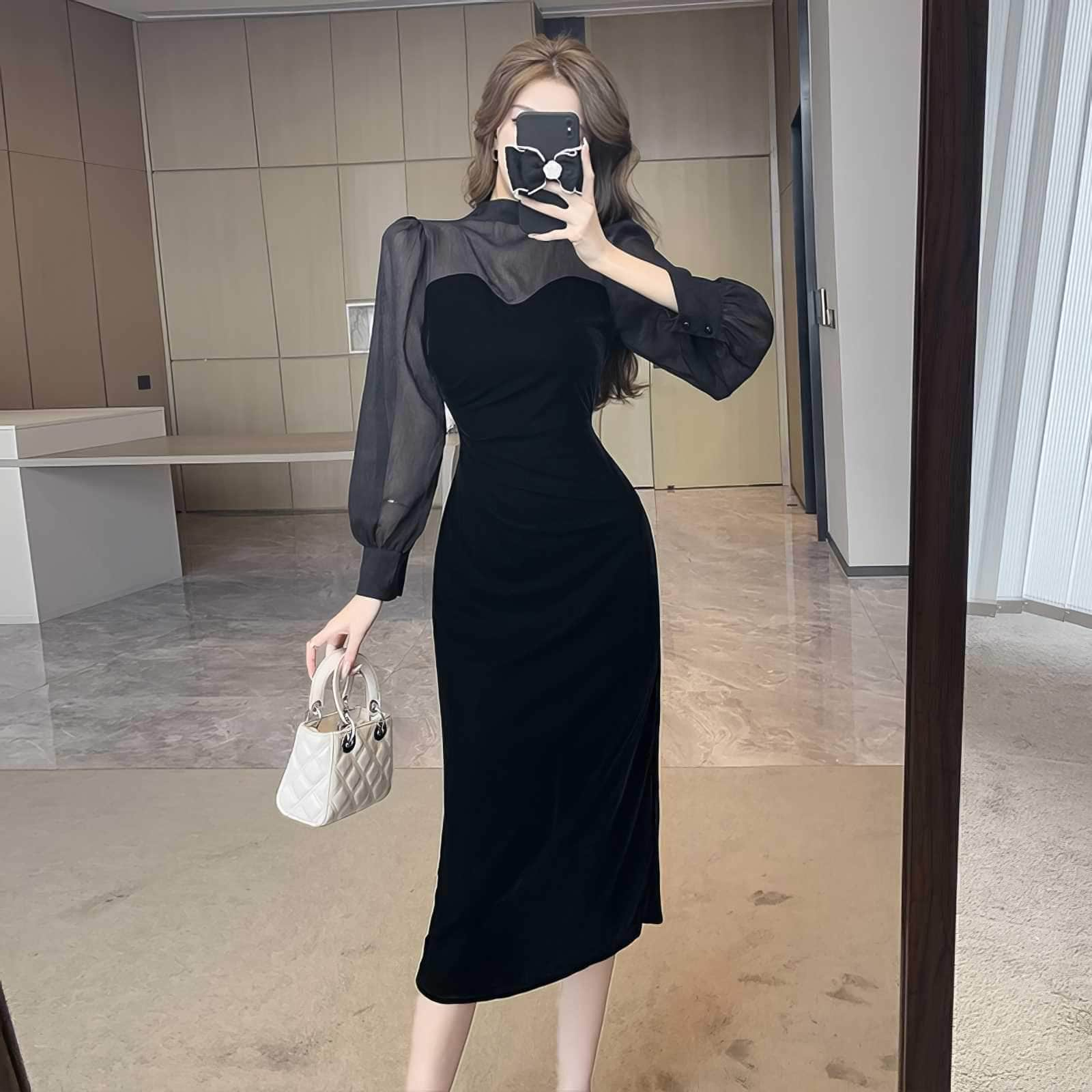 Turtleneck Mesh Paneled Cocktail Dress