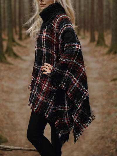 Turtleneck Plaid Raw Hem Sweater