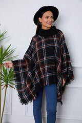 Turtleneck Plaid Raw Hem Sweater Black / S