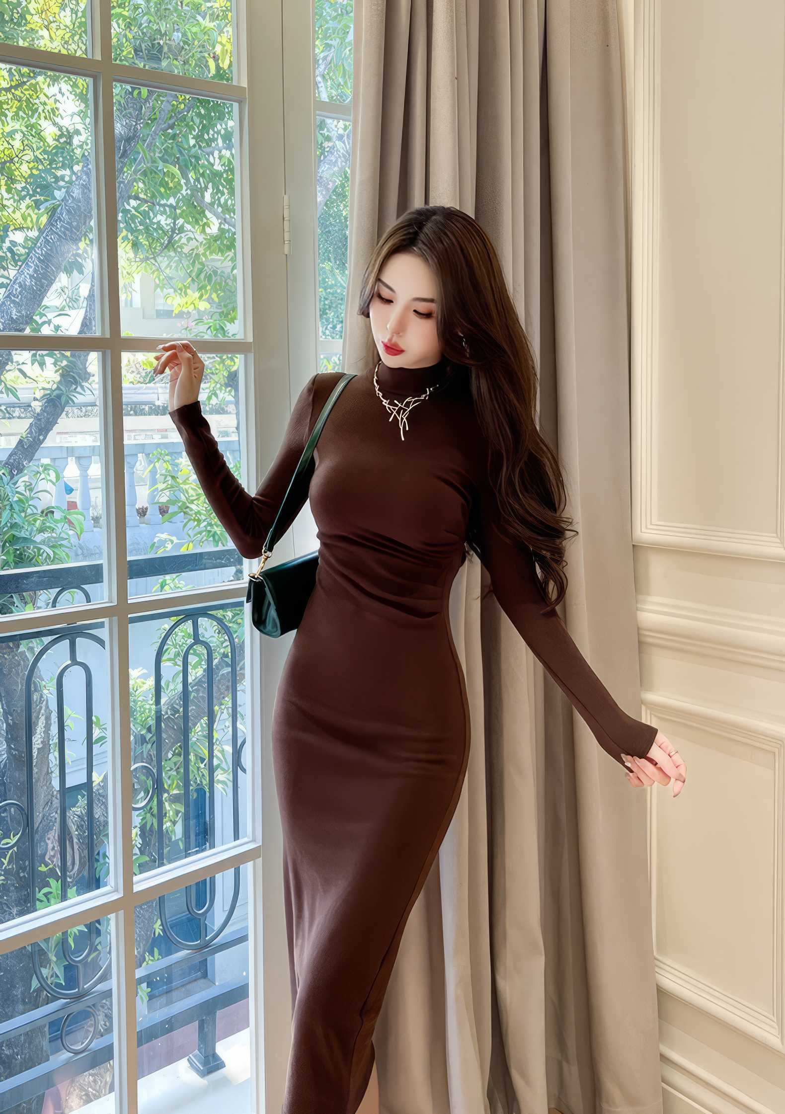 Turtleneck Ribbed Long Sleeve Slim Fit Dress