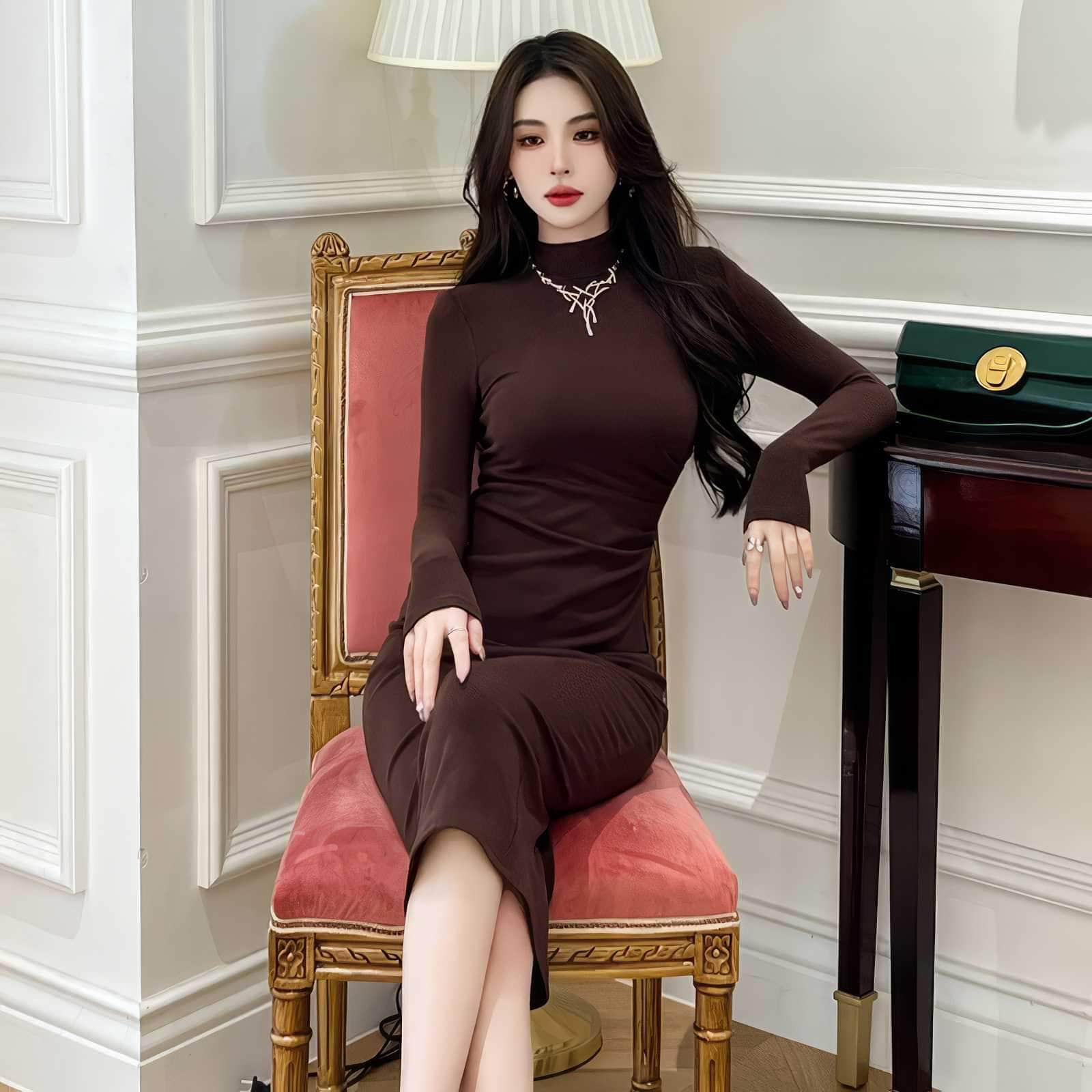 Turtleneck Ribbed Long Sleeve Slim Fit Dress