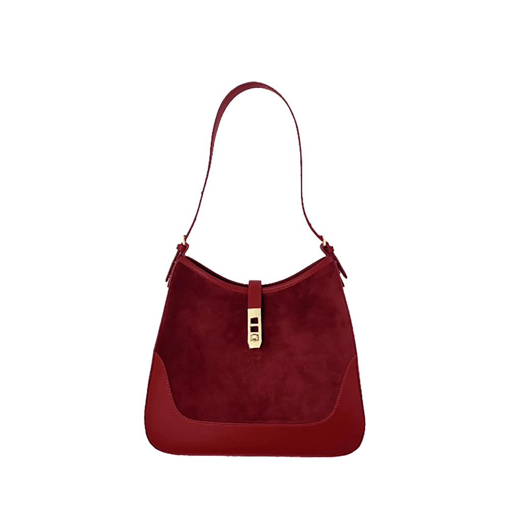 Twist Lock Embellished Suede Hobo Handbag