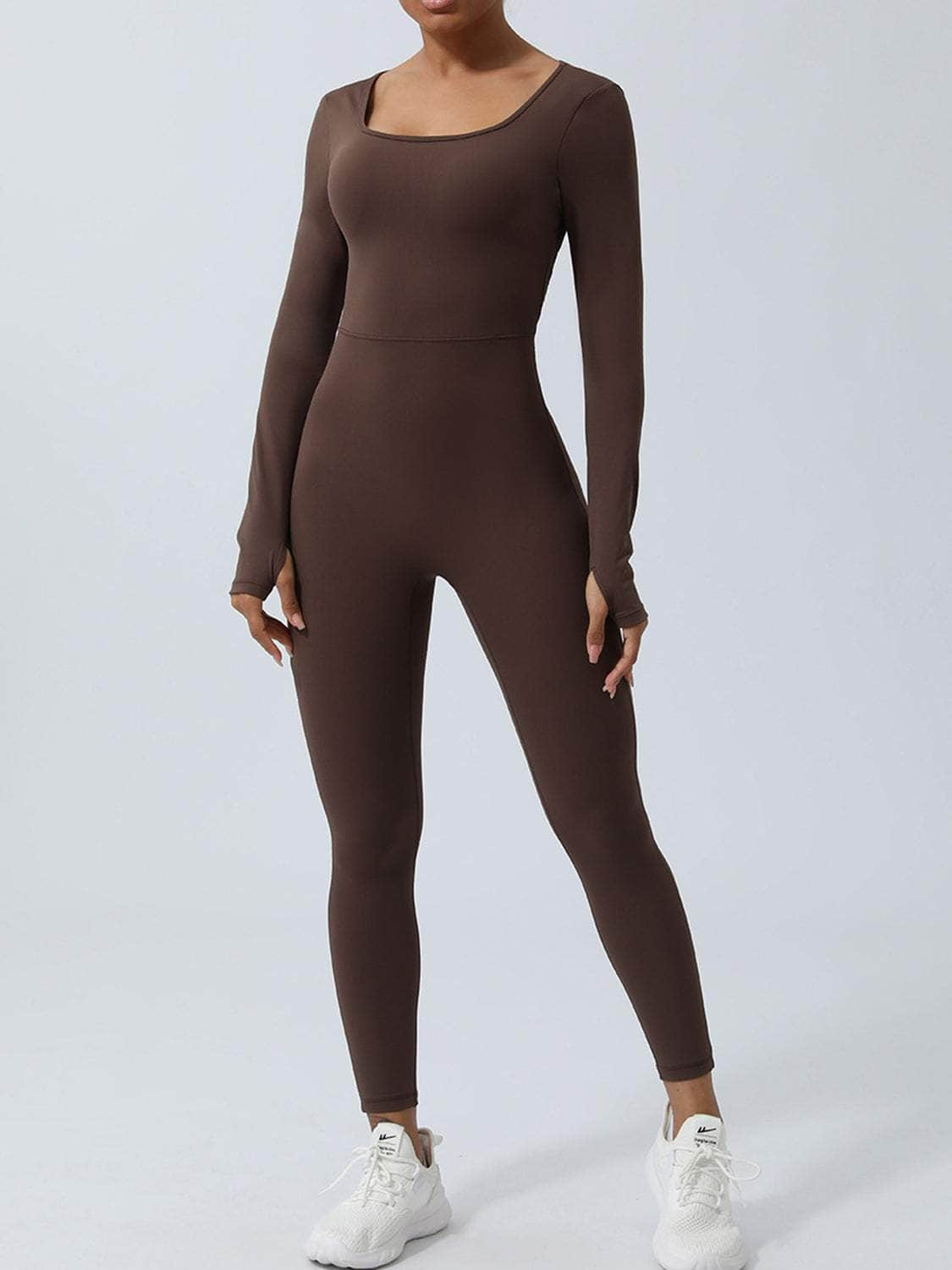 Twisted Backless Long Sleeve Jumpsuit Chocolate / S