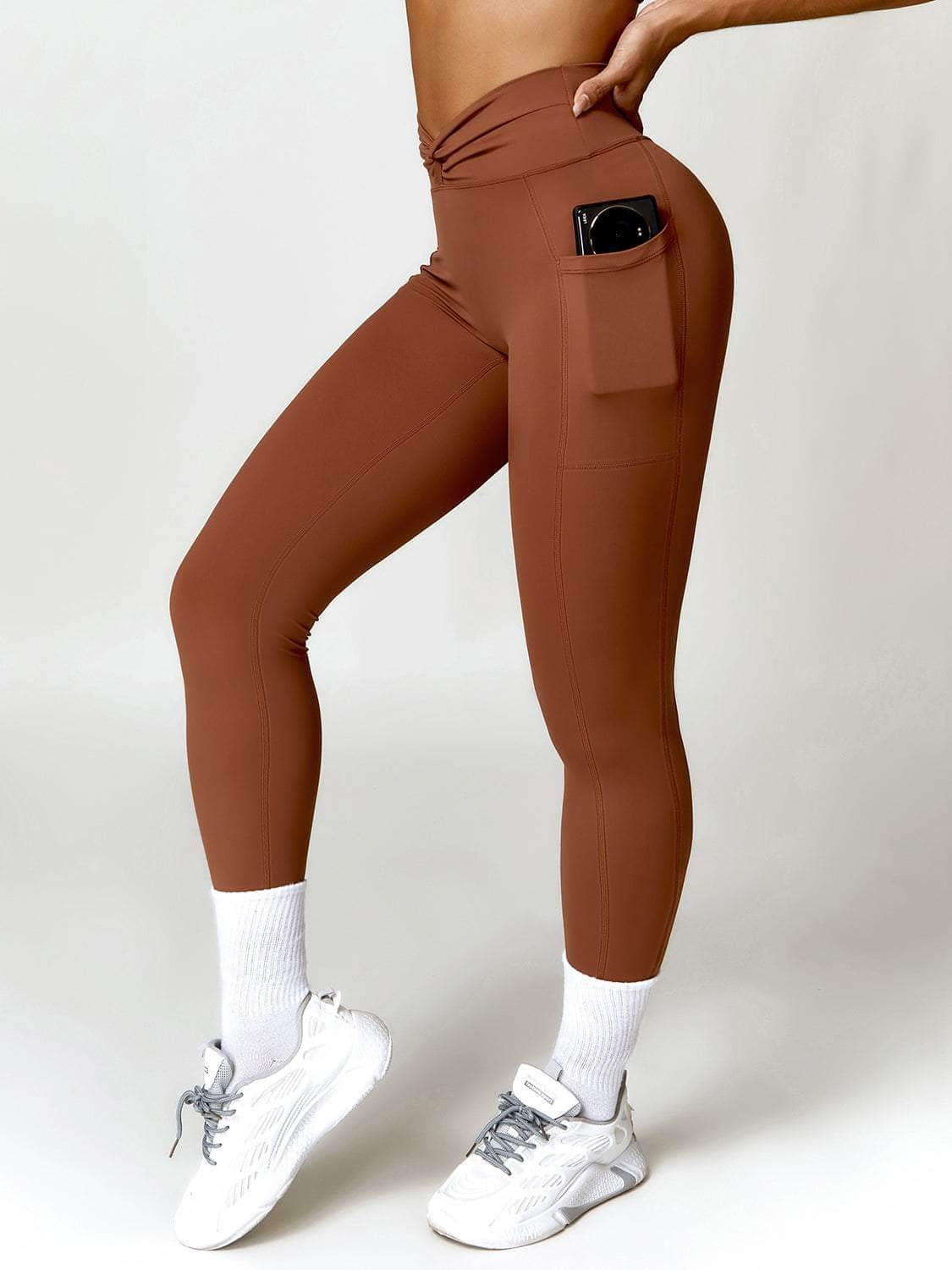 Twisted High Waist Active Pants with Pockets Chestnut / S