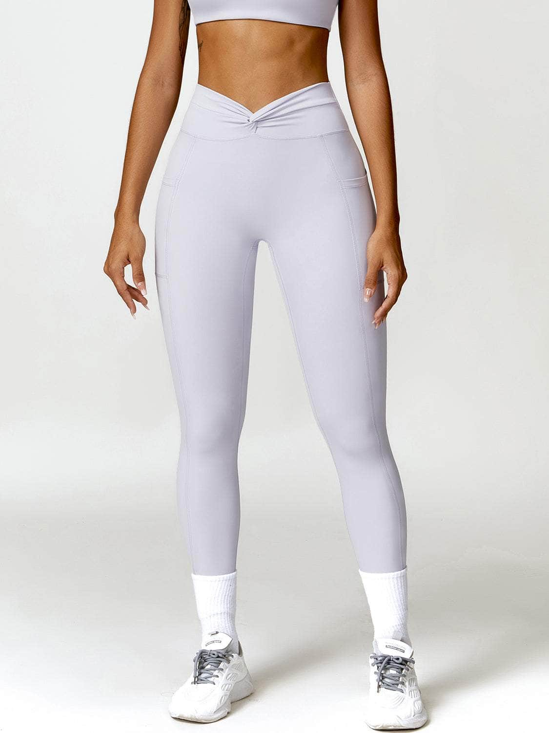 Twisted High Waist Active Pants with Pockets Light Gray / S