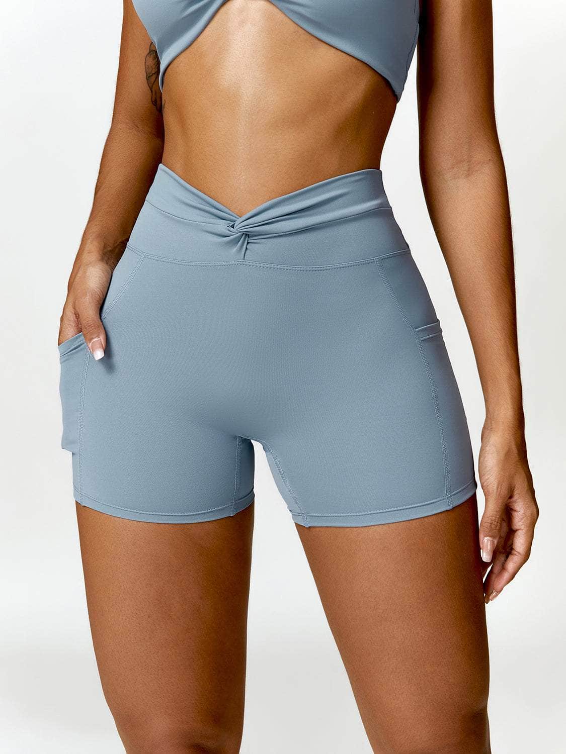 Twisted High Waist Active Shorts with Pockets Misty  Blue / S