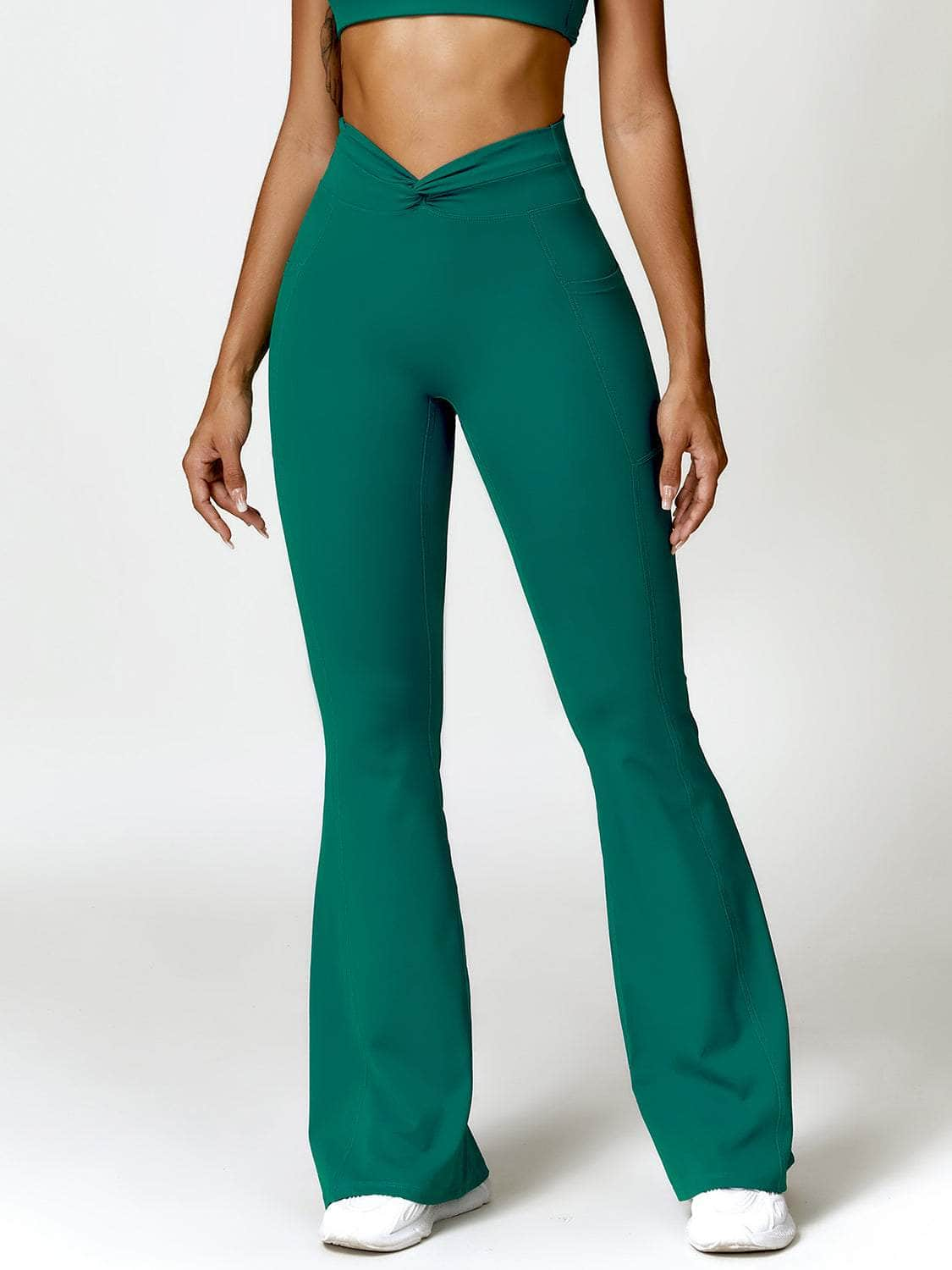 Twisted High Waist Bootcut Active Pants with Pockets Green / S