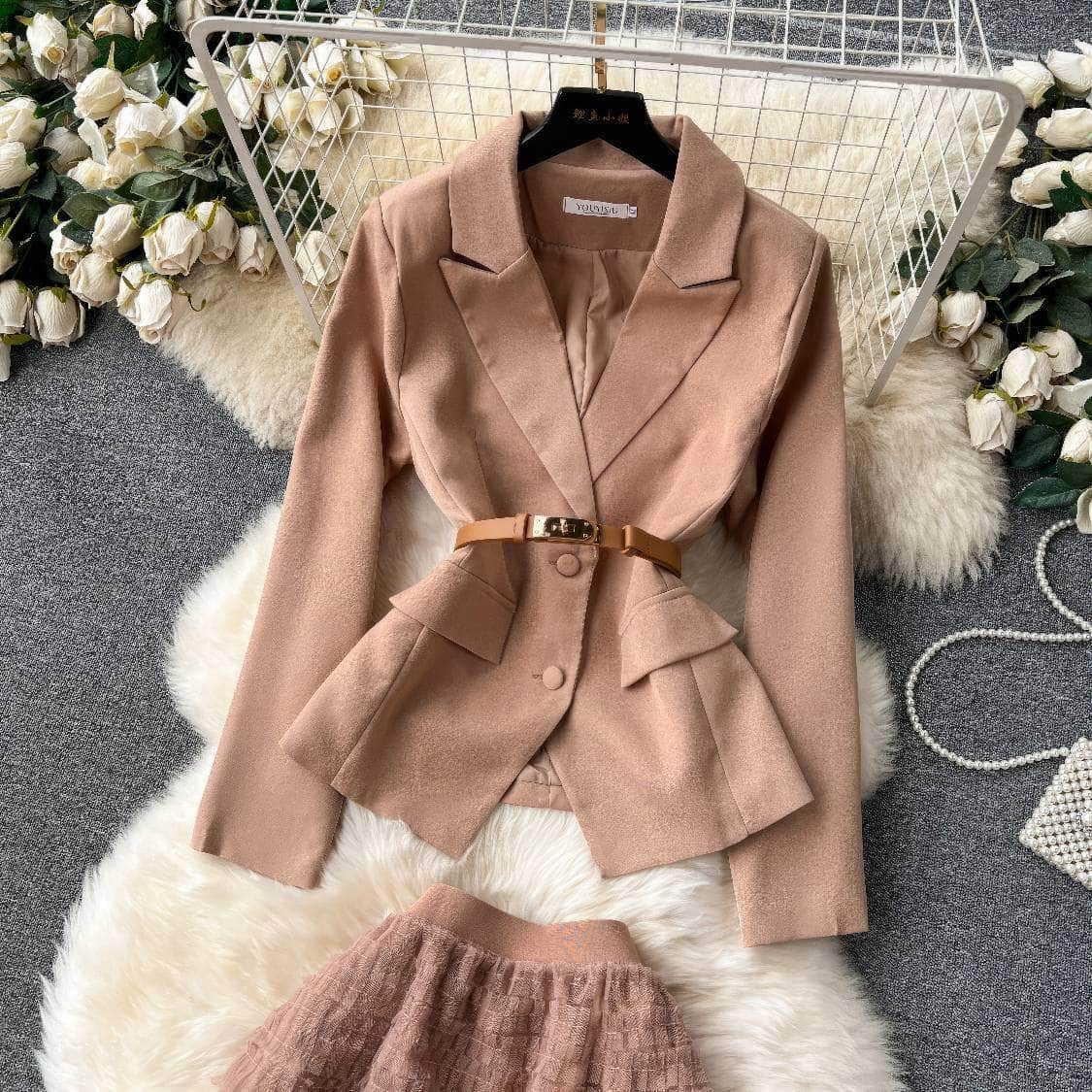 Two Piece Blazer Top Multilayer Tulle Skirt