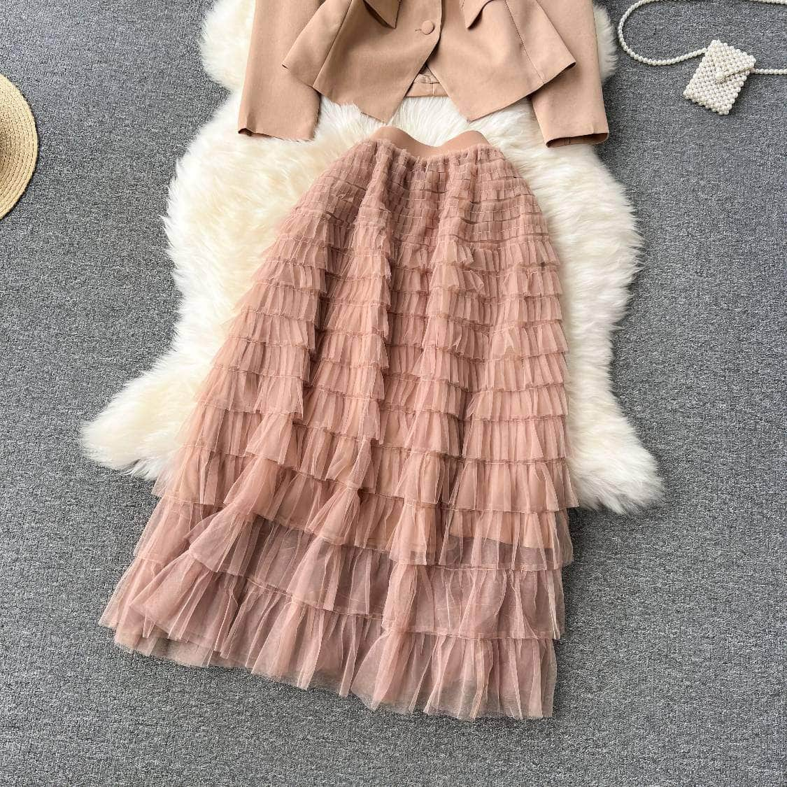 Two Piece Blazer Top Multilayer Tulle Skirt