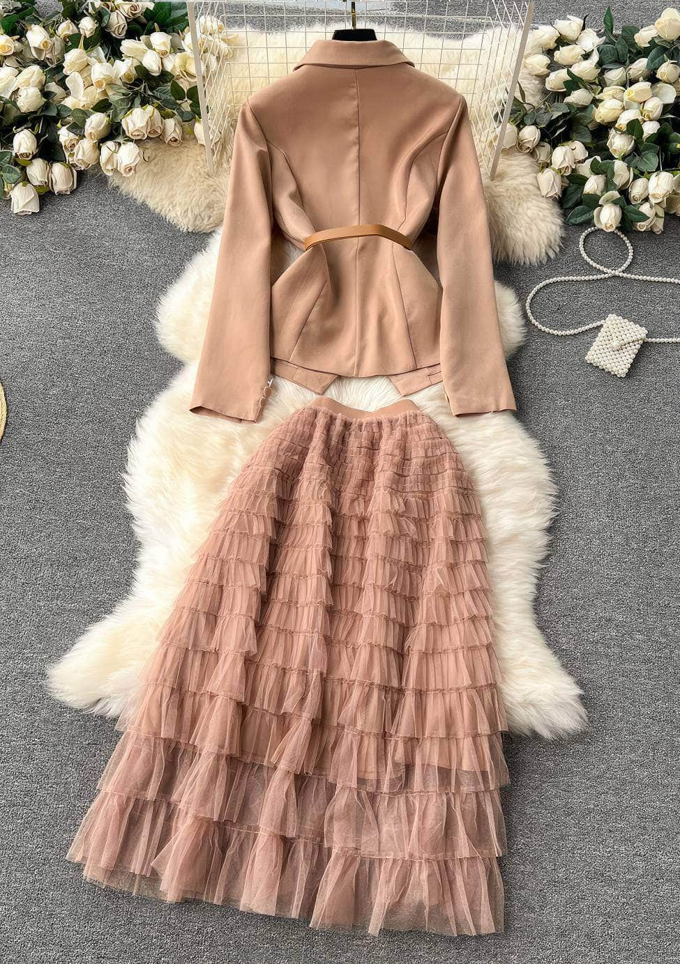 Two Piece Blazer Top Multilayer Tulle Skirt