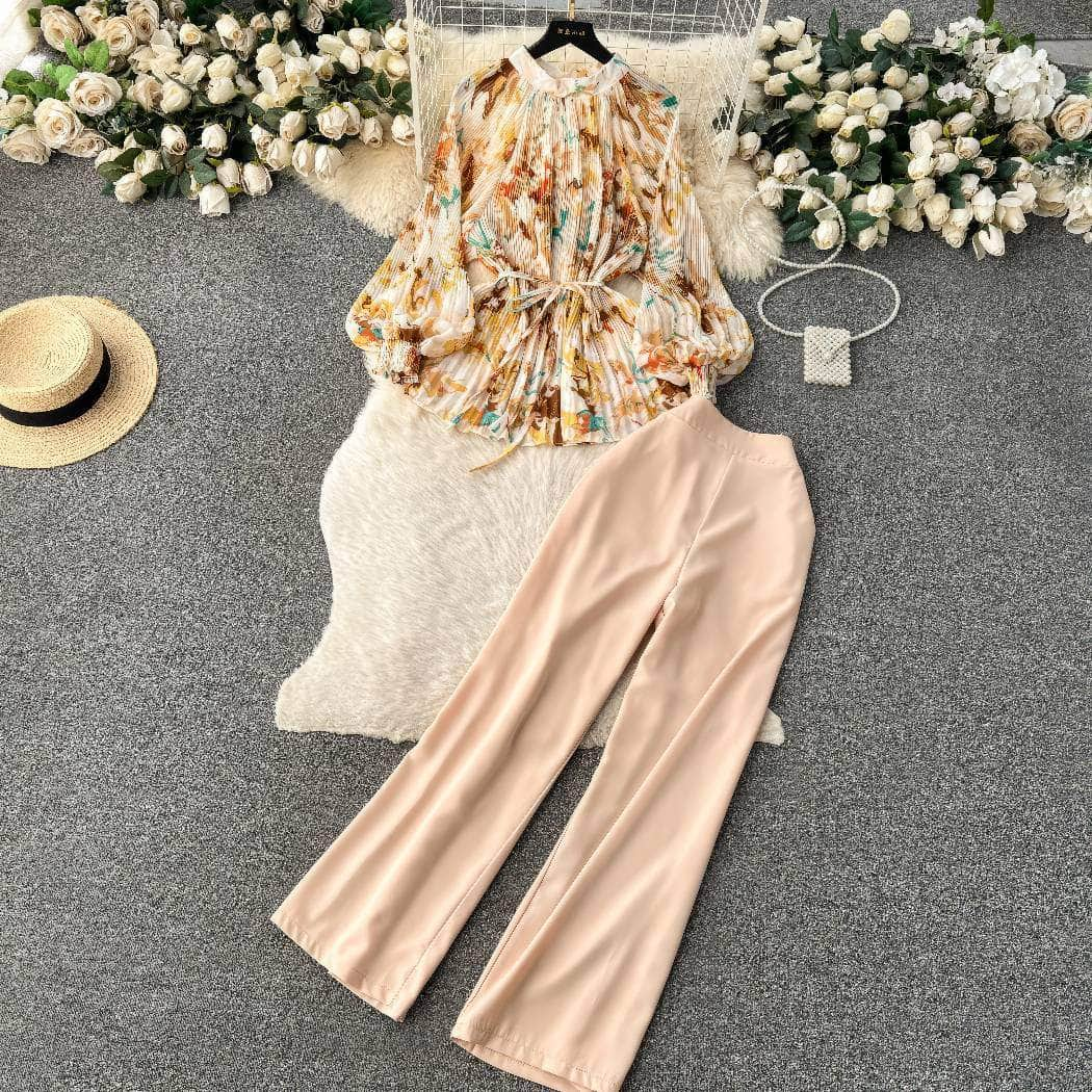 Two-Piece Chiffon Blouse High Waist Plain Trousers