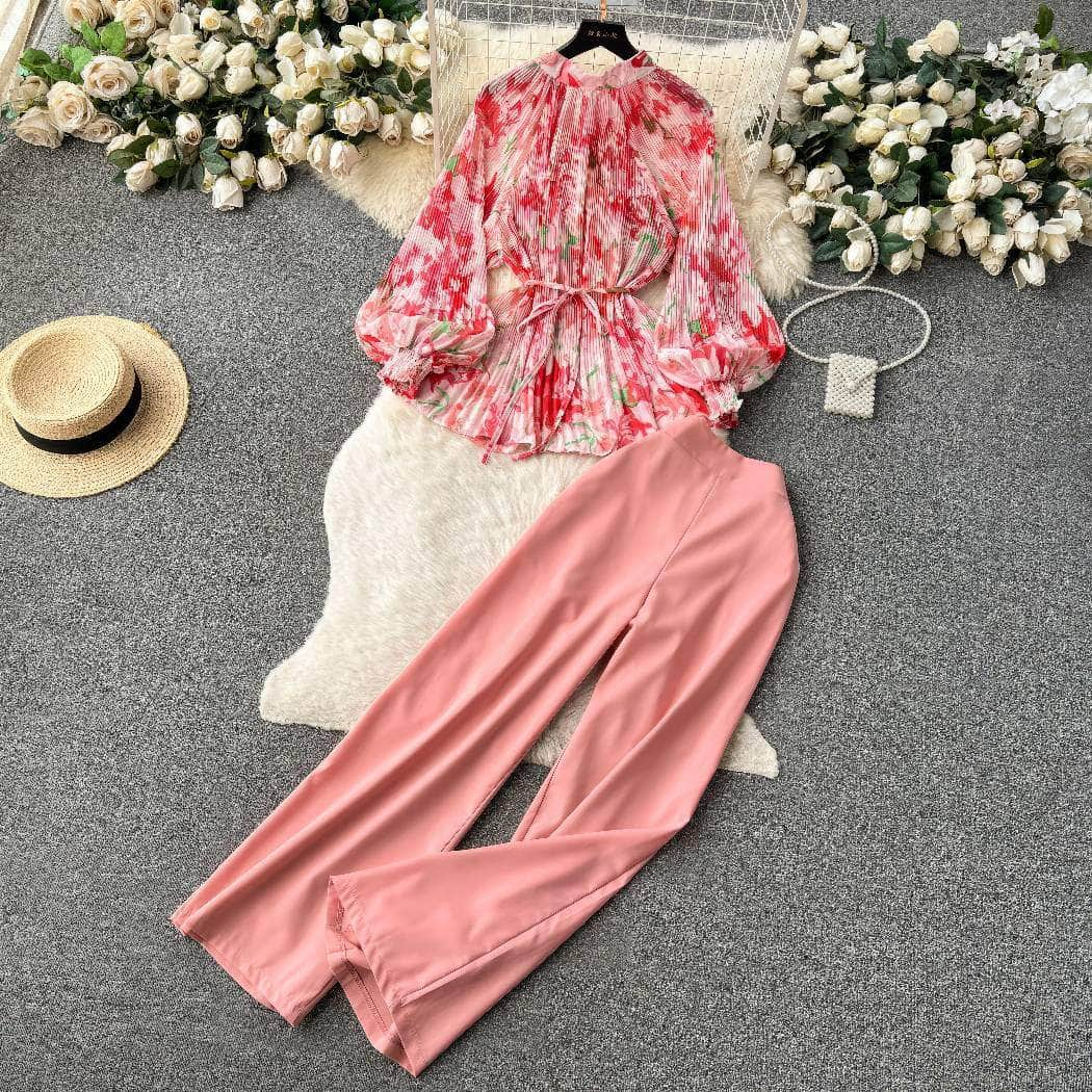 Two-Piece Chiffon Blouse High Waist Plain Trousers