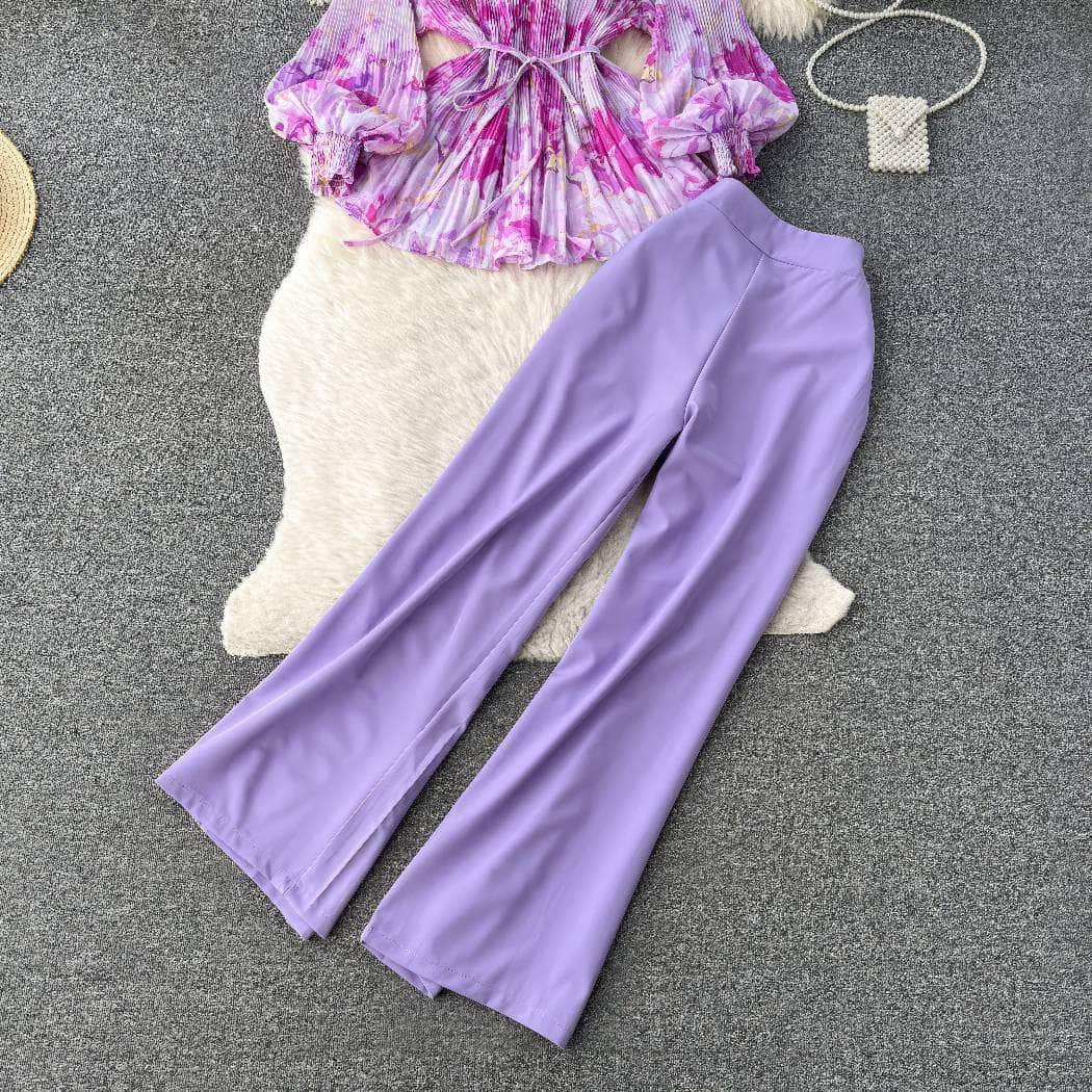 Two-Piece Chiffon Blouse High Waist Plain Trousers