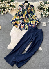 Two-Piece Chiffon Blouse High Waist Plain Trousers