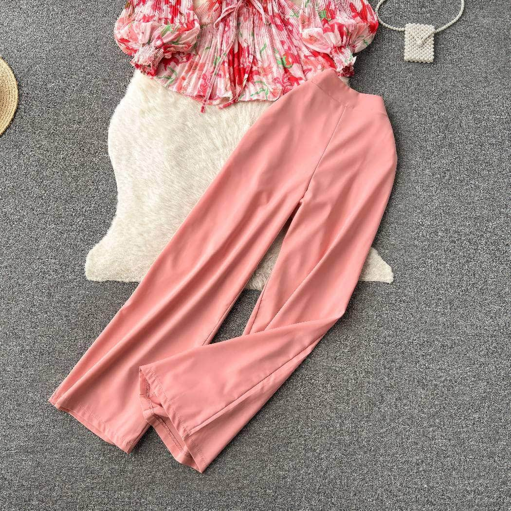 Two-Piece Chiffon Blouse High Waist Plain Trousers