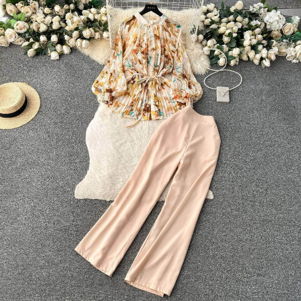 Two-Piece Chiffon Blouse High Waist Plain Trousers MAX SIZE / Beige