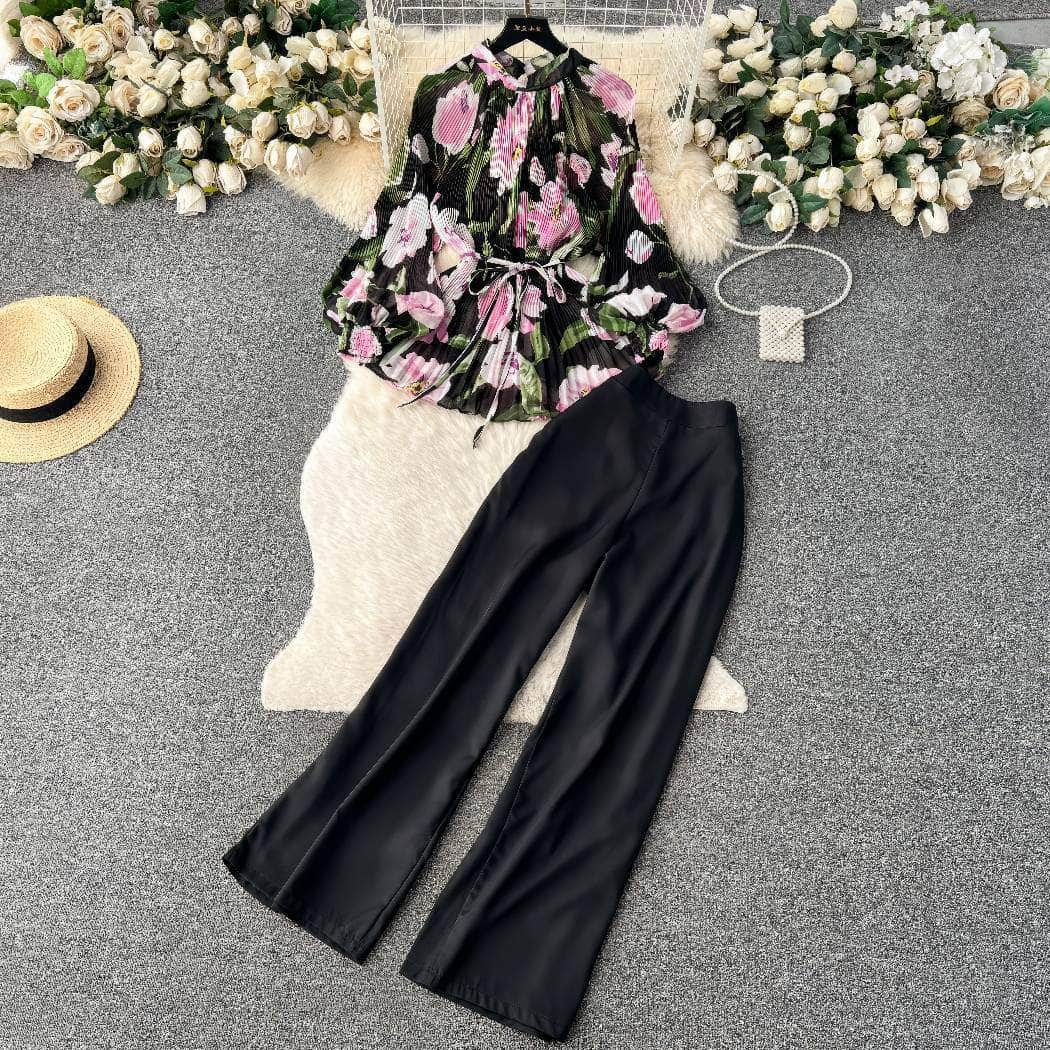 Two-Piece Chiffon Blouse High Waist Plain Trousers MAX SIZE / Black