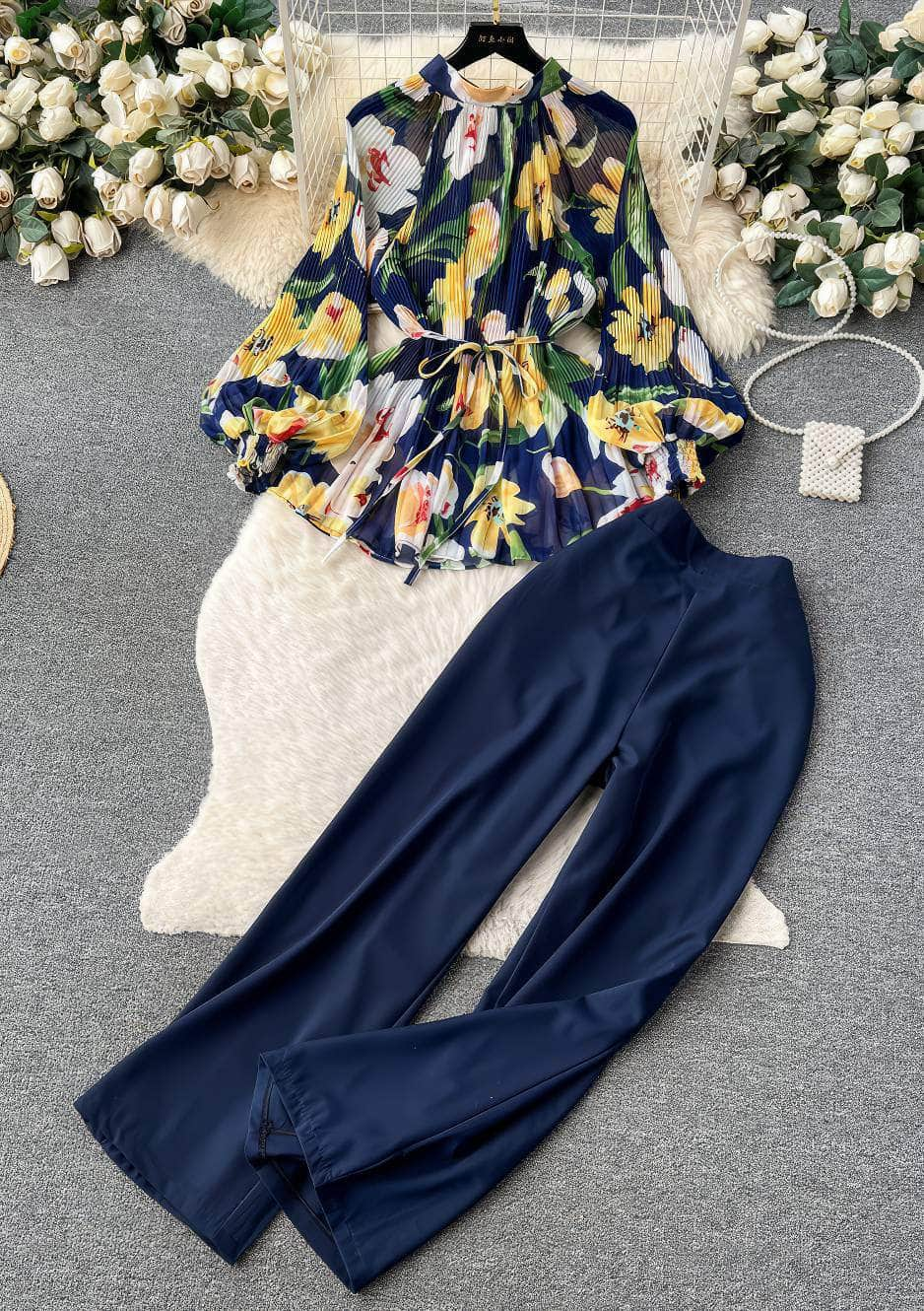 Two-Piece Chiffon Blouse High Waist Plain Trousers MAX SIZE / Navy