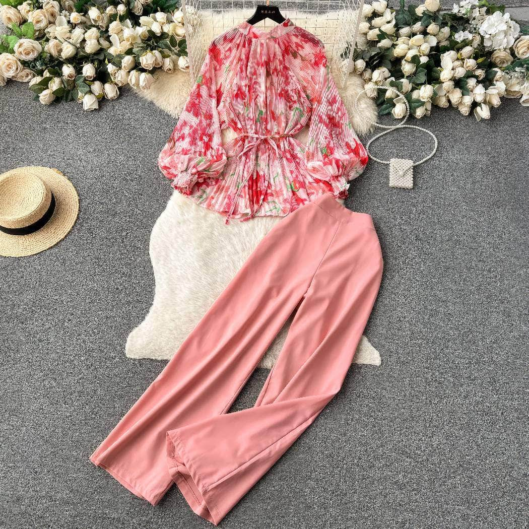 Two-Piece Chiffon Blouse High Waist Plain Trousers MAX SIZE / Pink