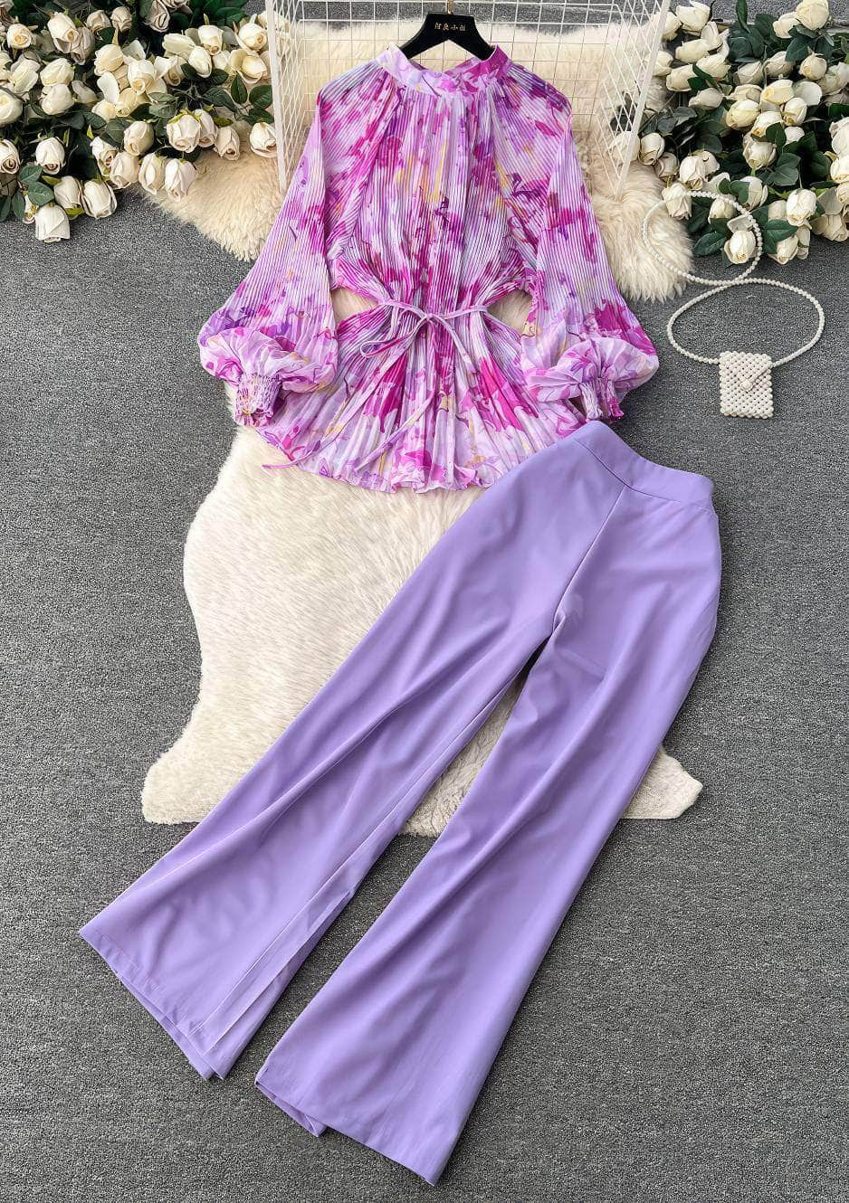 Two-Piece Chiffon Blouse High Waist Plain Trousers MAX SIZE / Purple