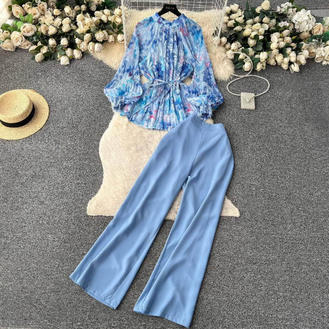 Two-Piece Chiffon Blouse High Waist Plain Trousers MAX SIZE / SkyBlue