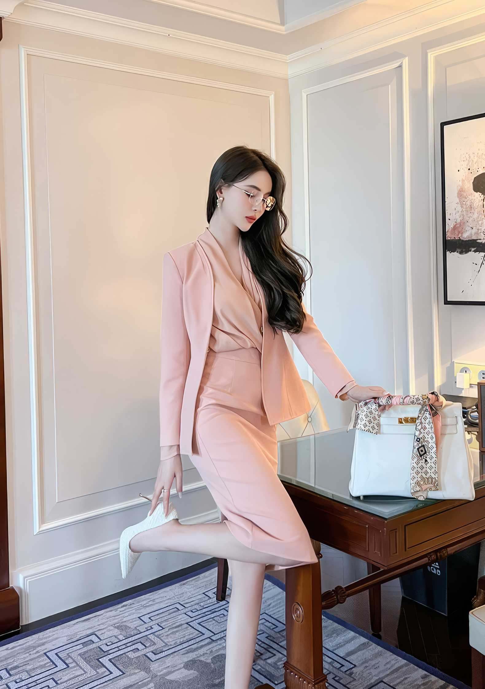 Two-Piece Collared Blazer Skirt Suit