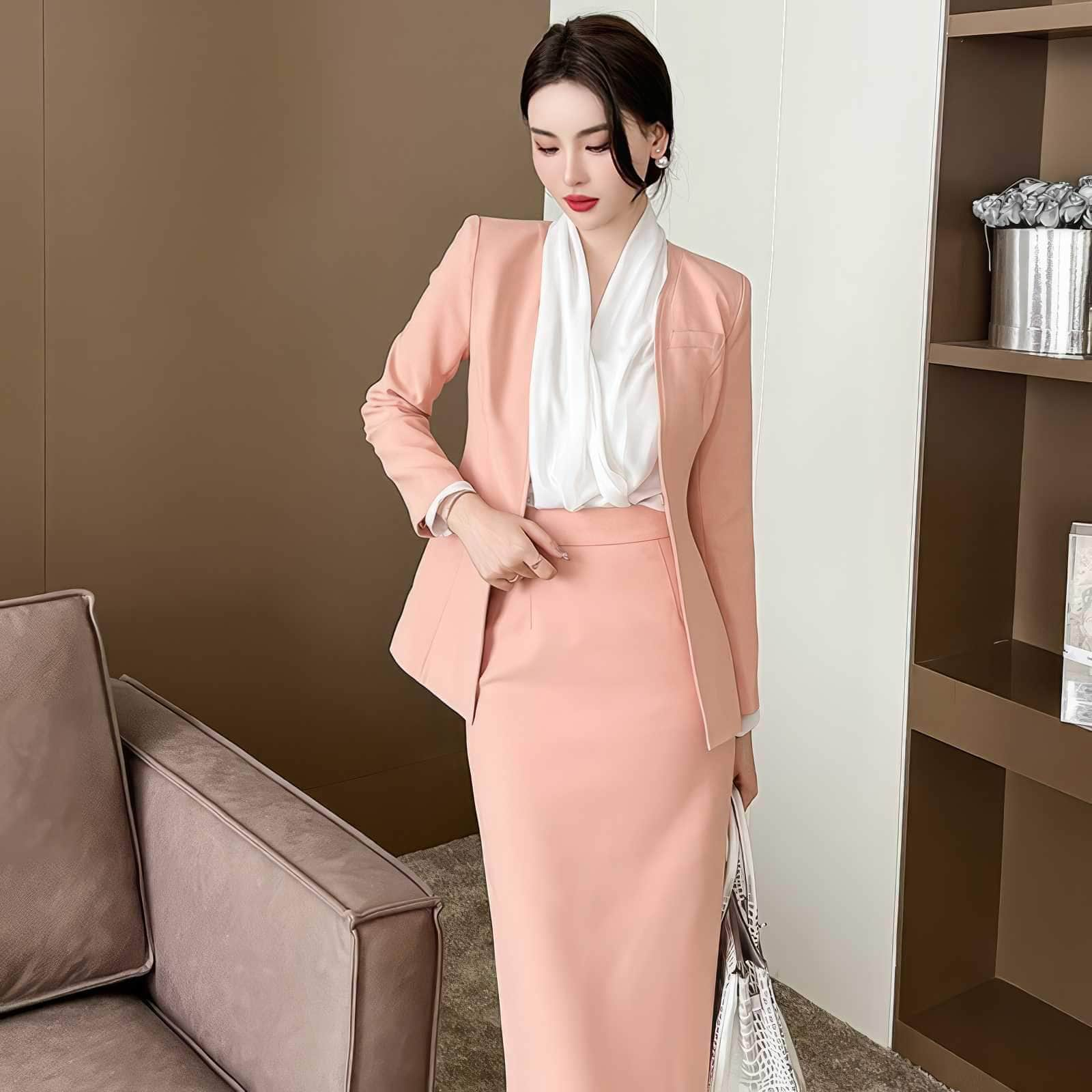 Two-Piece Collared Blazer Skirt Suit