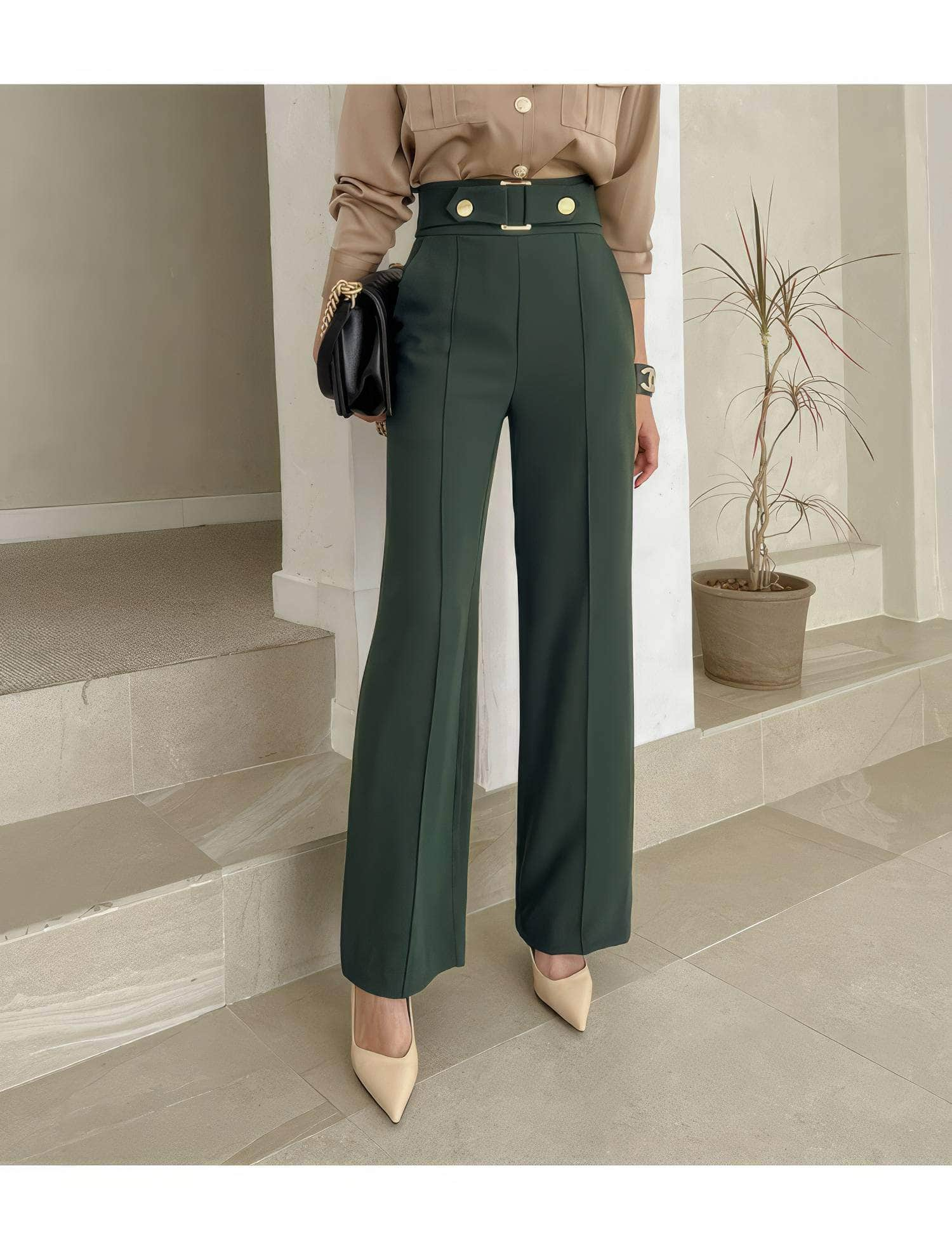 Two-Piece Collared Button Shirt High Waist Pants