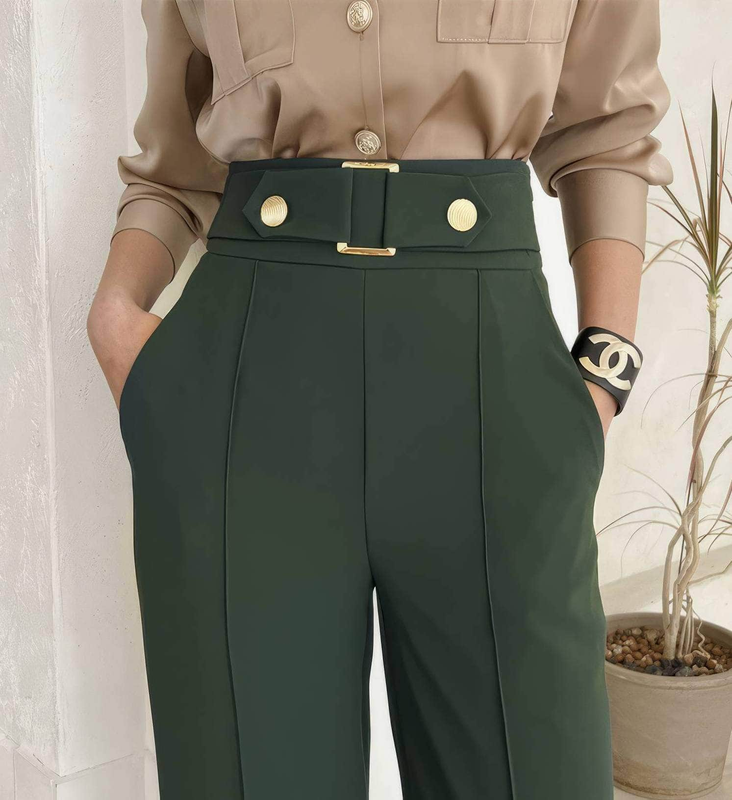 Two-Piece Collared Button Shirt High Waist Pants