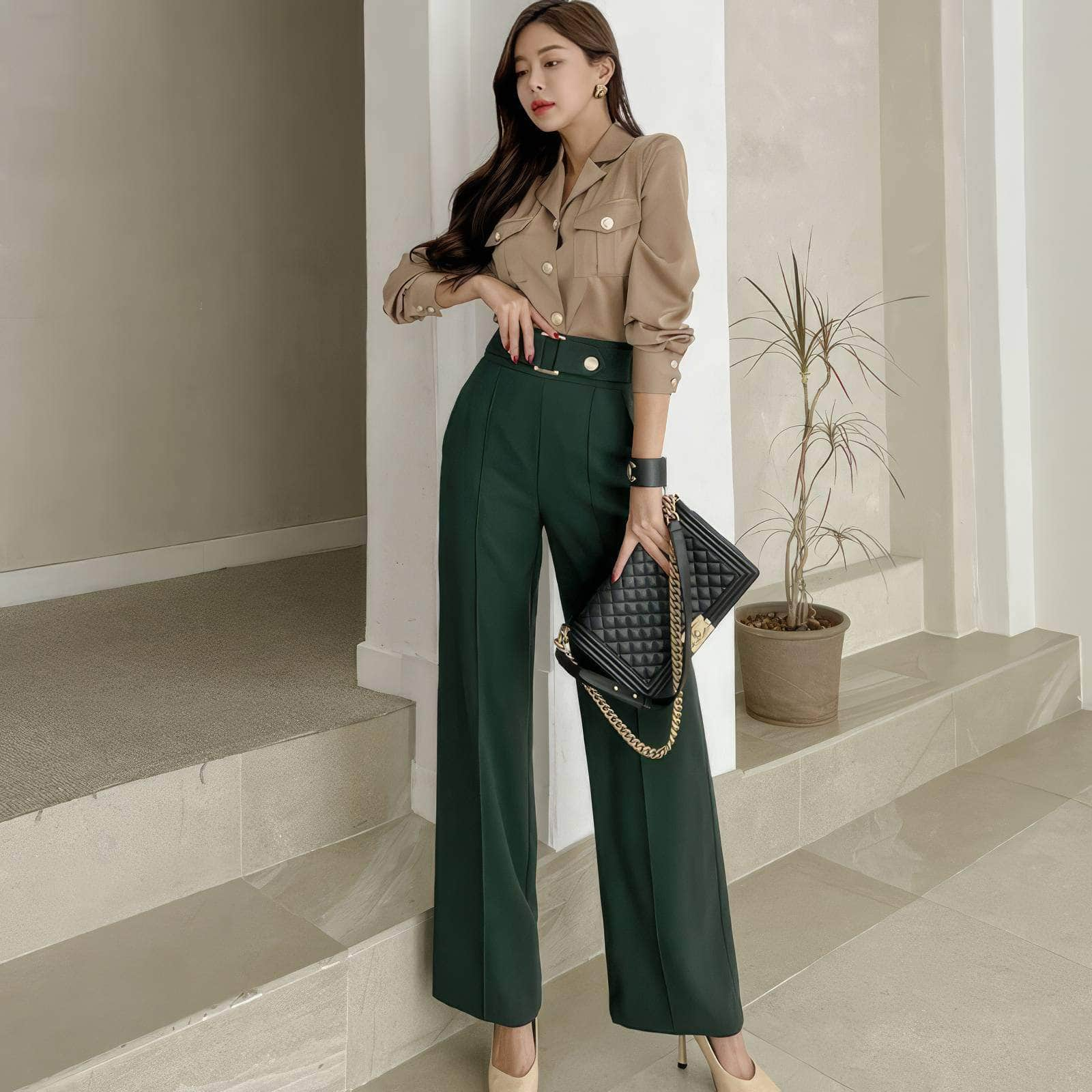 Two-Piece Collared Button Shirt High Waist Pants