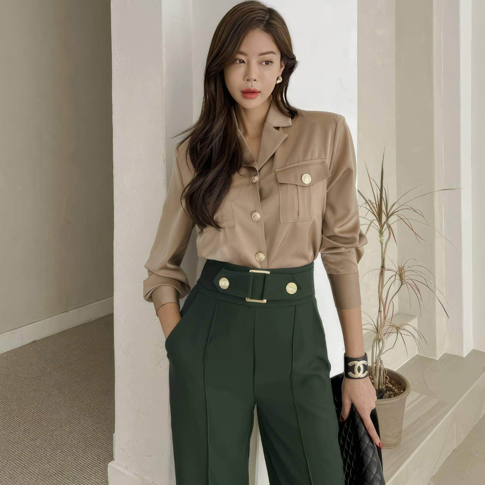 Two-Piece Collared Button Shirt High Waist Pants