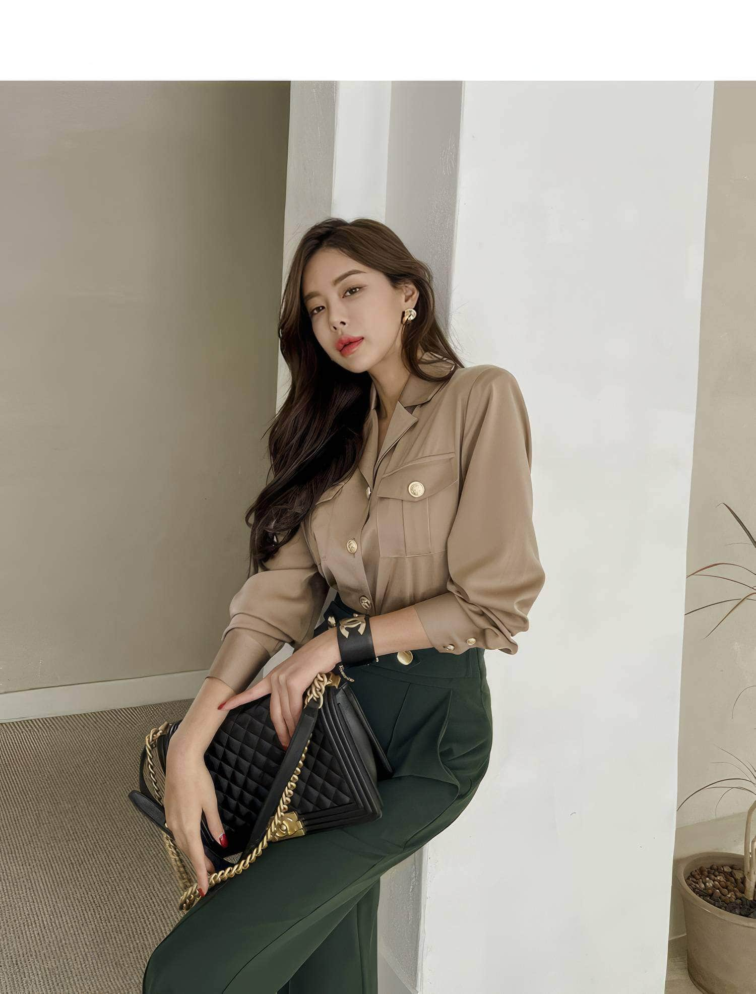 Two-Piece Collared Button Shirt High Waist Pants