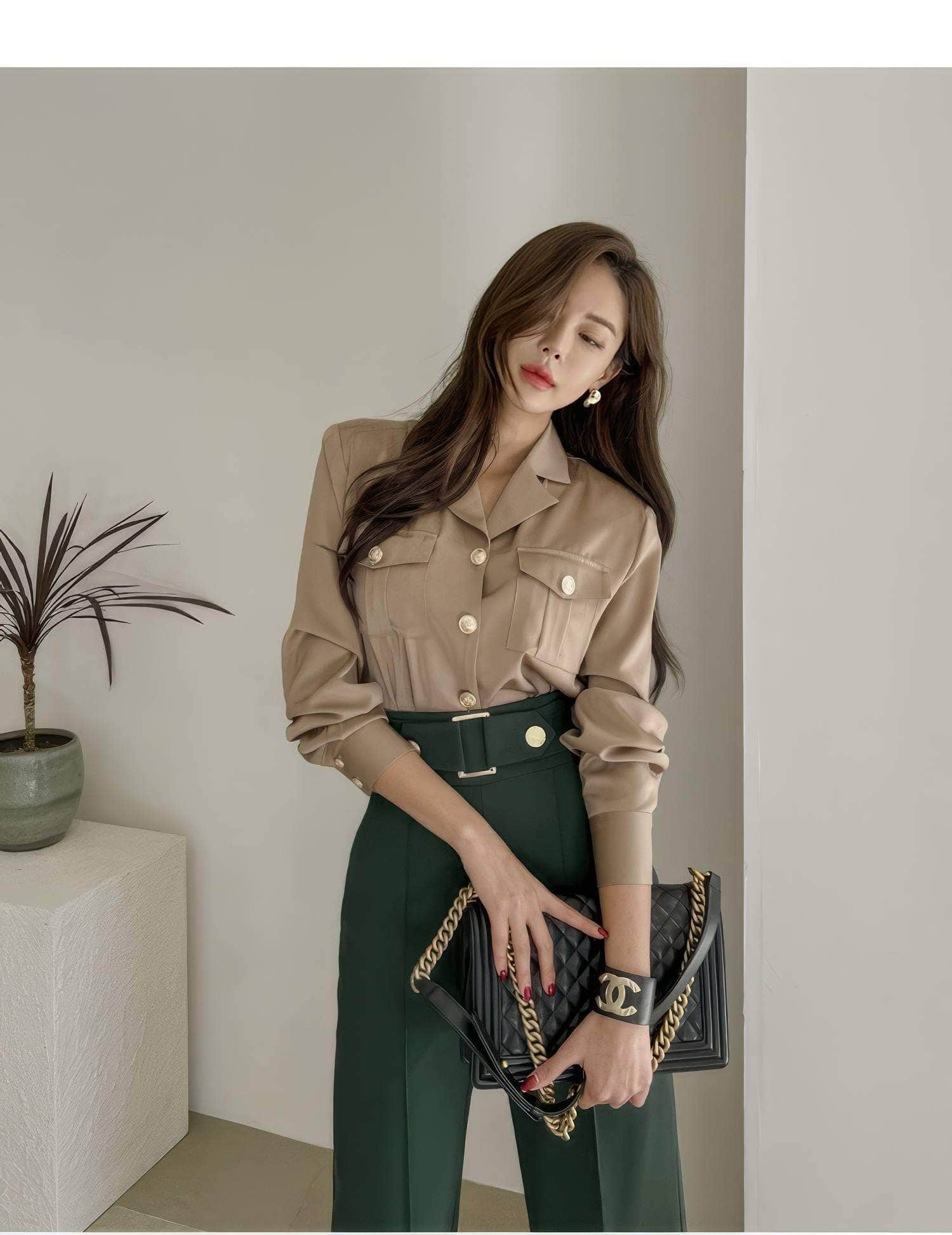 Two-Piece Collared Button Shirt High Waist Pants