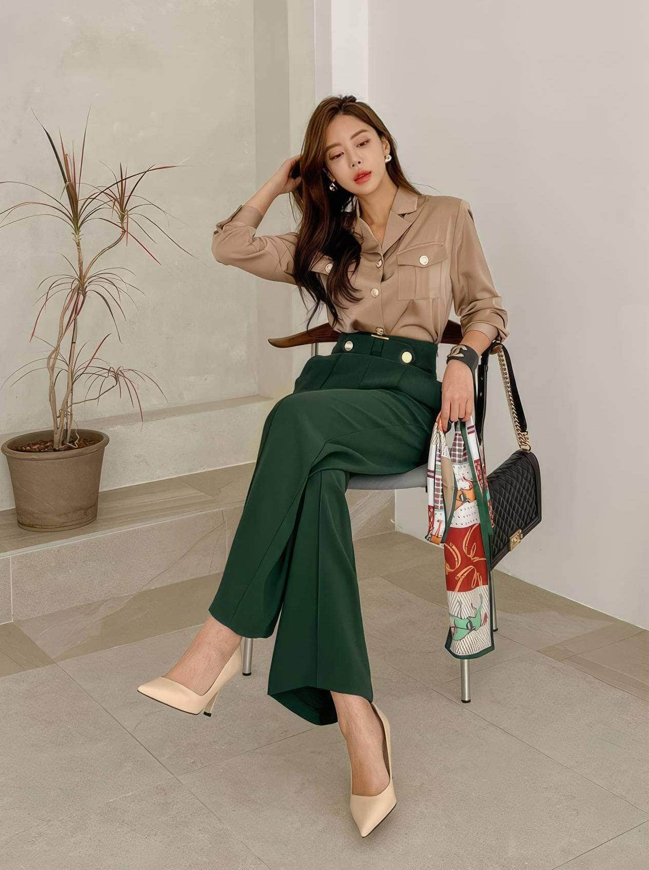 Two-Piece Collared Button Shirt High Waist Pants