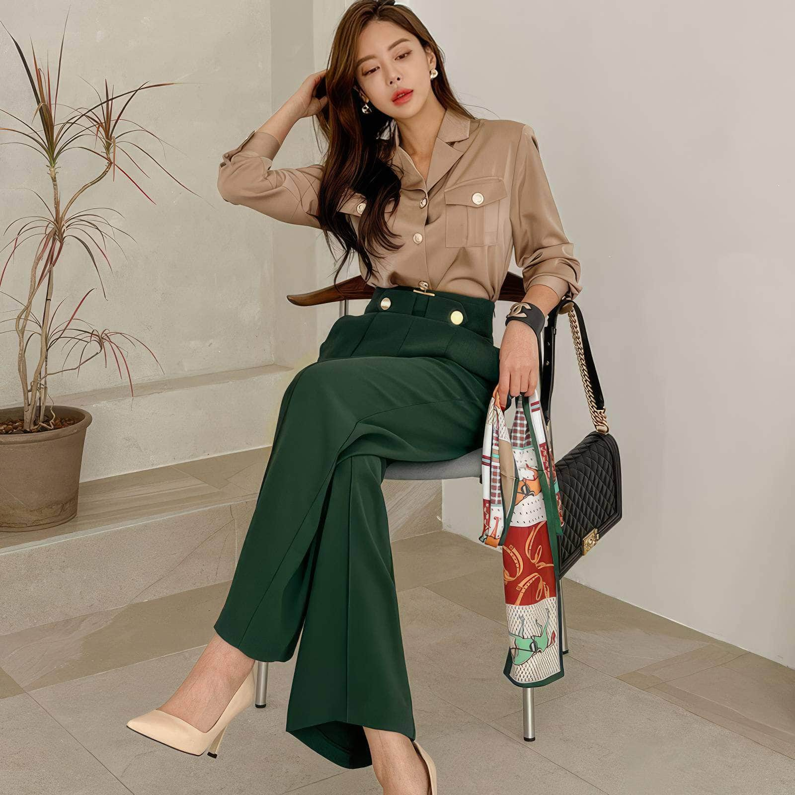 Two-Piece Collared Button Shirt High Waist Pants