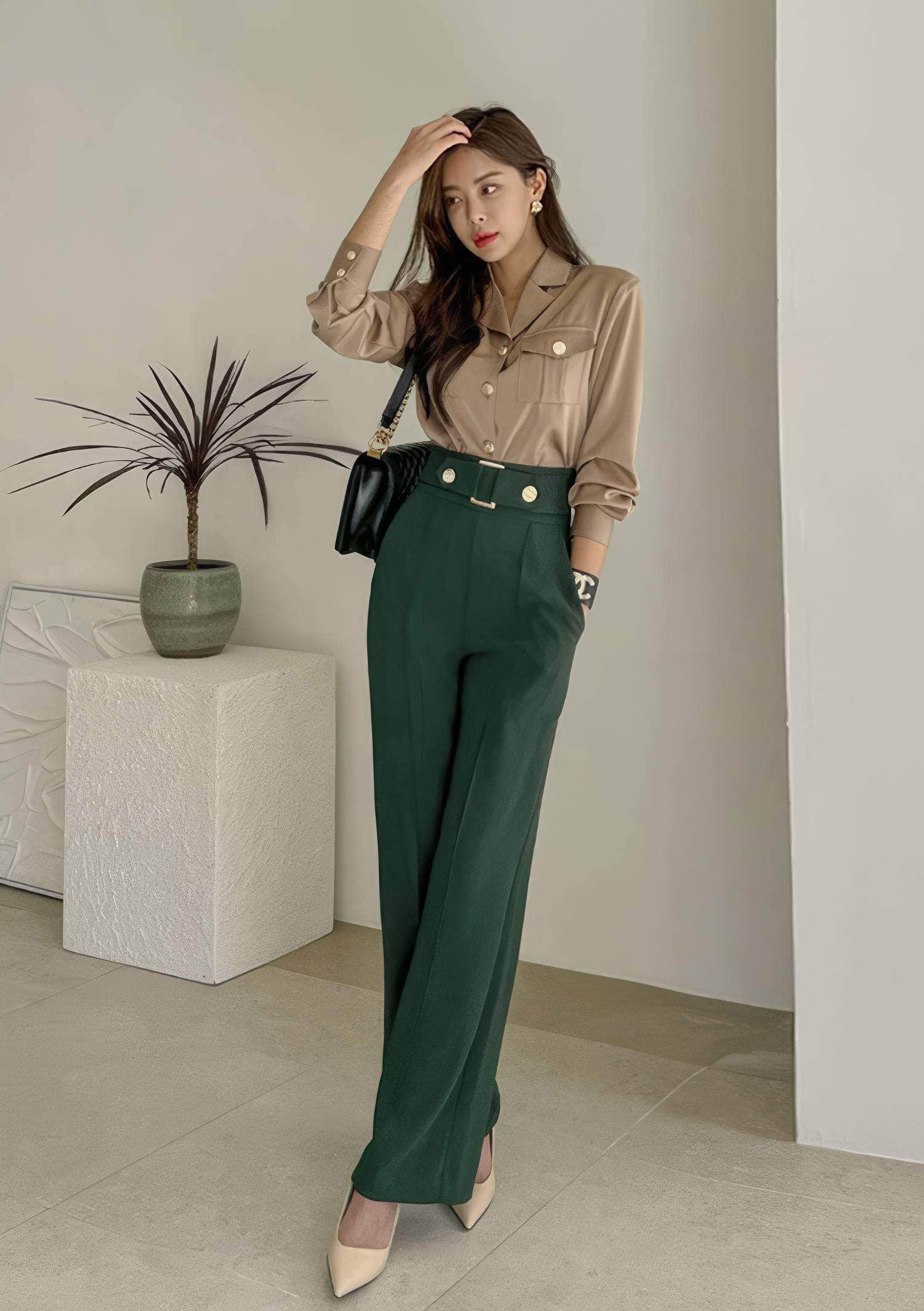 Two-Piece Collared Button Shirt High Waist Pants