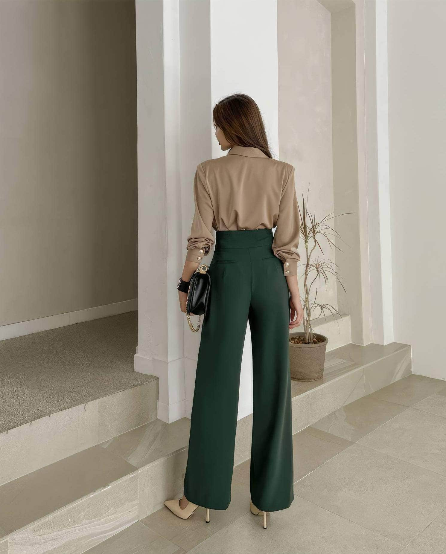 Two-Piece Collared Button Shirt High Waist Pants