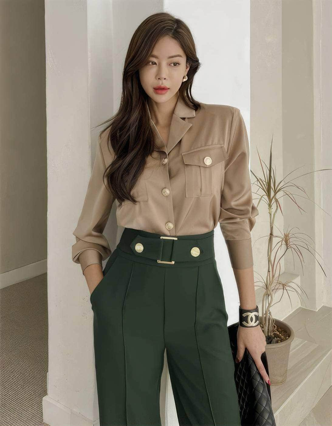 Two-Piece Collared Button Shirt High Waist Pants