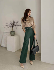 Two-Piece Collared Button Shirt High Waist Pants