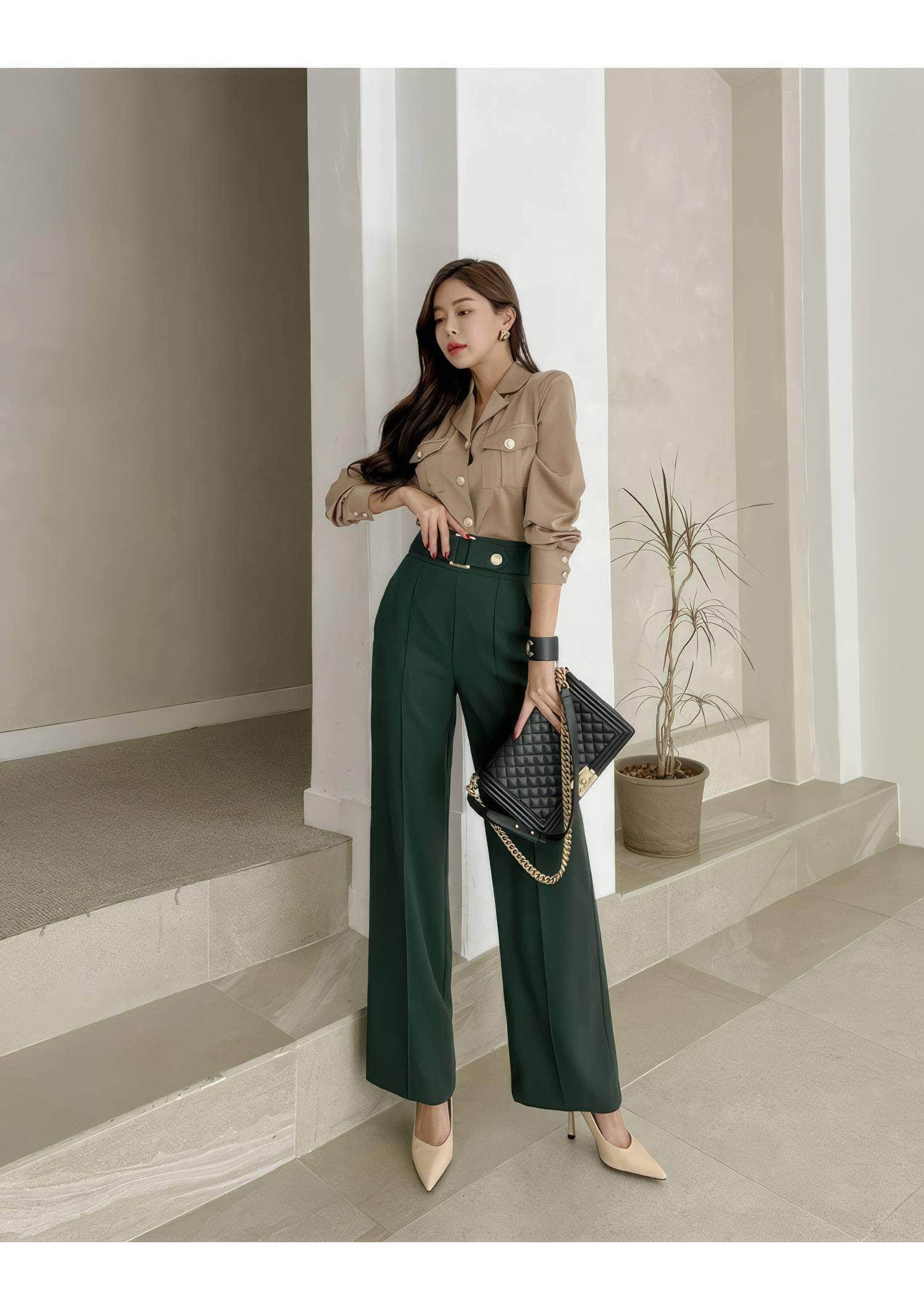 Two-Piece Collared Button Shirt High Waist Pants